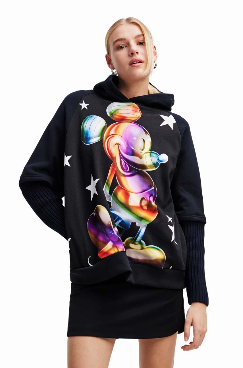 Desigual bluza bawełniana x Disney damska kolor czarny z kapturem z nadrukiem