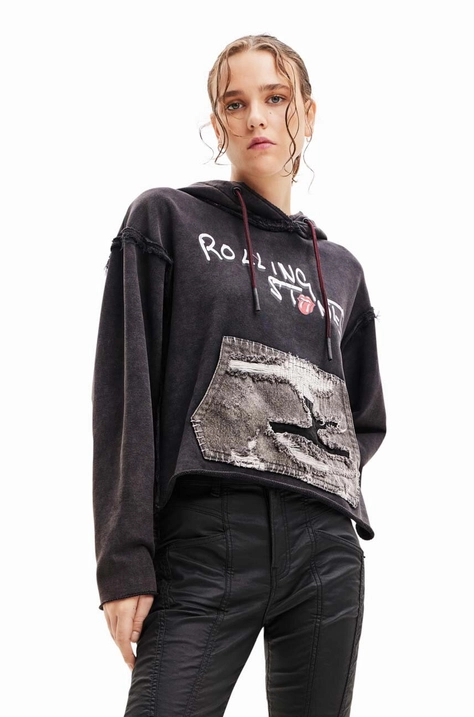 Dukserica Desigual 23WWSK58 WOMAN KNIT SWEAT LONG SLEEVE za žene, boja: crna, s kapuljačom, s tiskom