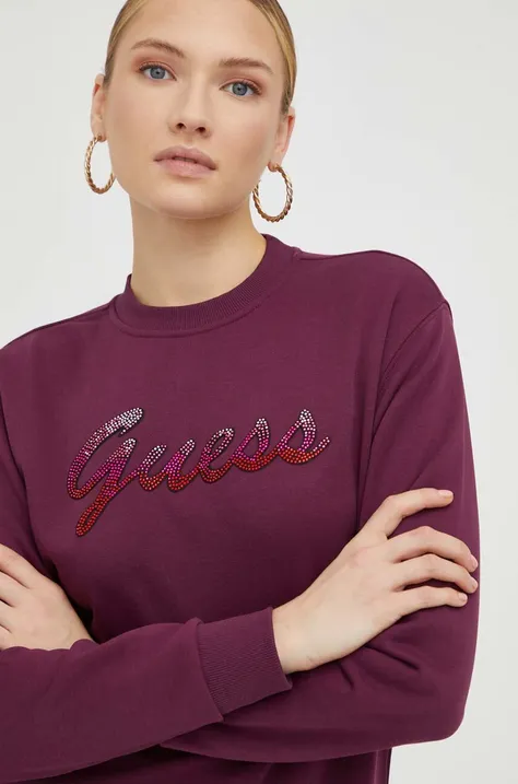 Guess bluza damska kolor fioletowy z aplikacją