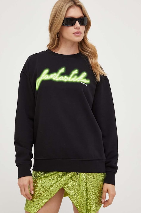 Pinko hanorac de bumbac femei, culoarea negru, cu glugă, cu imprimeu