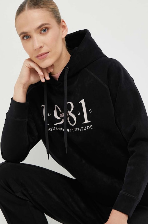 Guess bluza femei, culoarea negru, cu glugă, cu imprimeu