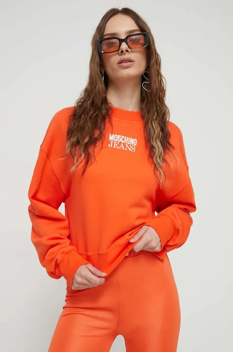 Pamučna dukserica Moschino Jeans za žene, boja: narančasta, s tiskom