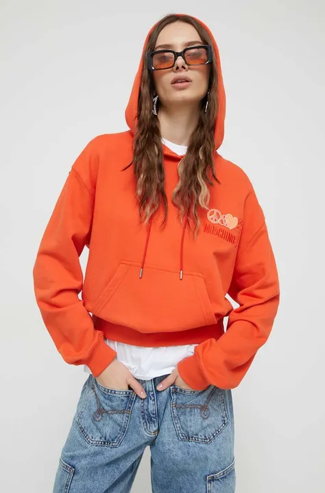 Bavlnená mikina Moschino Jeans dámska, oranžová farba, s kapucňou, s nášivkou