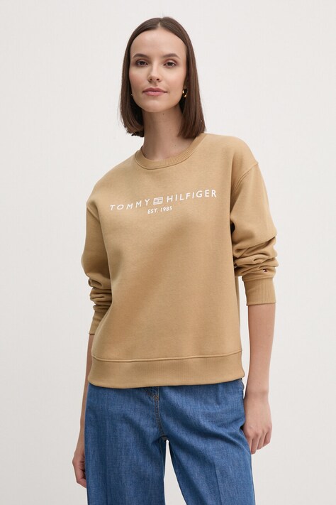 Mikina Tommy Hilfiger dámská, béžová barva, s potiskem, WW0WW39791