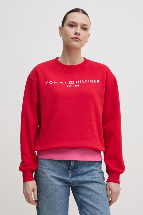 Mikina Tommy Hilfiger dámská, červená barva, s potiskem, WW0WW39791