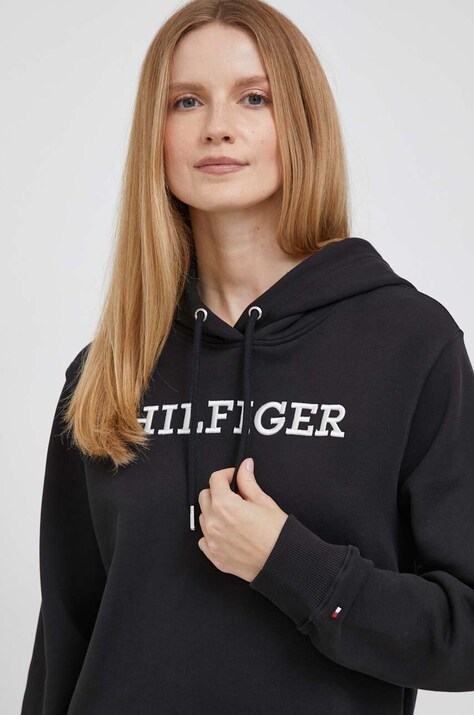 Tommy Hilfiger hanorac de bumbac femei, culoarea negru, cu glugă, cu imprimeu
