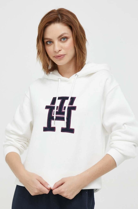 Tommy Hilfiger bluza femei, culoarea alb, cu glugă, cu imprimeu