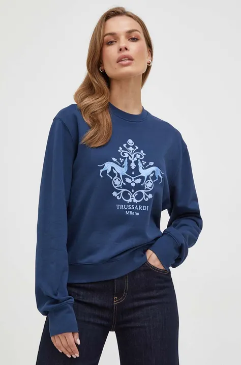 Bombažen pulover Trussardi ženska, mornarsko modra barva