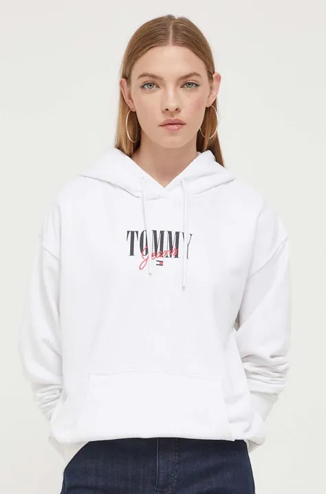 Mikina Tommy Jeans dámska, biela farba, s kapucňou, s potlačou