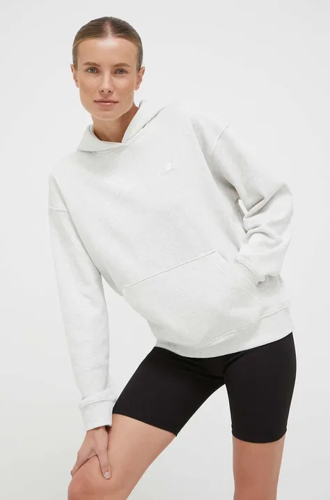 Bombažen pulover New Balance ženska, siva barva, s kapuco