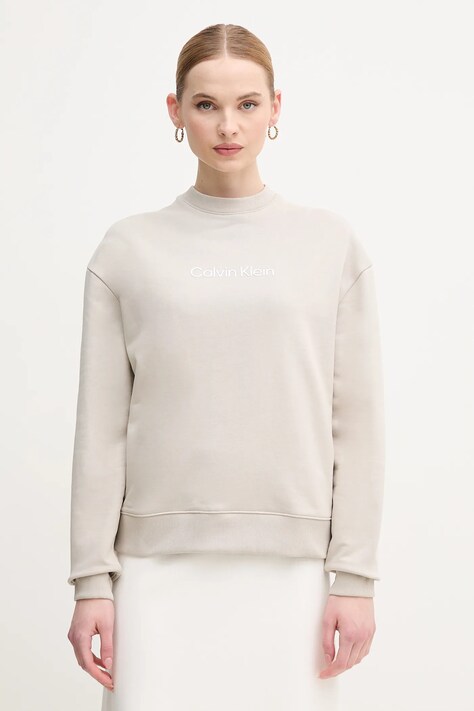 Calvin Klein hanorac de bumbac femei, culoarea bej, cu imprimeu, K20K205450