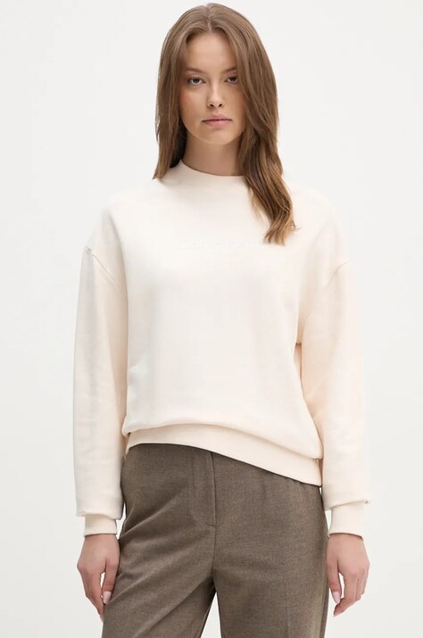 Calvin Klein hanorac de bumbac femei, culoarea bej, cu imprimeu, K20K205450
