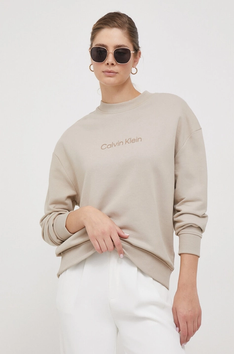 Bavlněná mikina Calvin Klein dámská, béžová barva, s potiskem, K20K205450