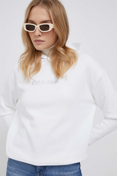 Calvin Klein bluza femei, culoarea alb, cu glugă, cu imprimeu