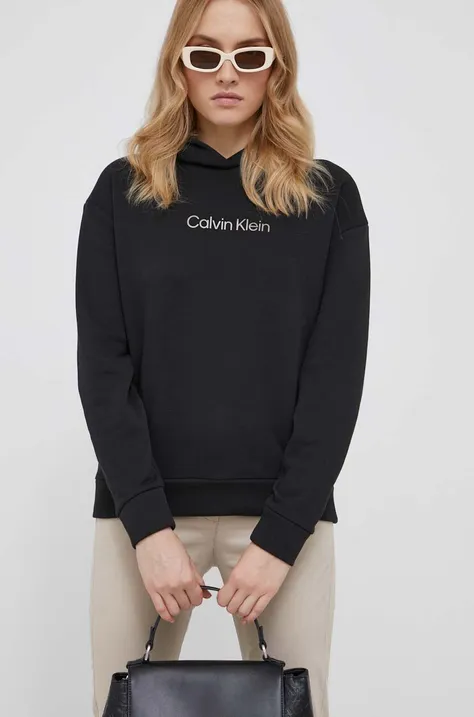 Mikina Calvin Klein dámska, čierna farba, s kapucňou, s potlačou