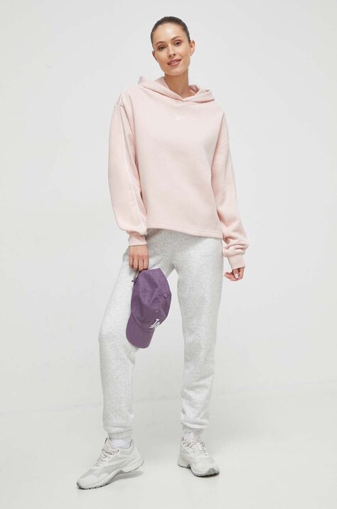 Reebok bluza femei, culoarea roz, cu glugă, neted