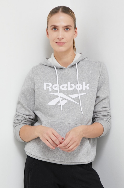 Reebok bluza damska kolor szary z kapturem z nadrukiem