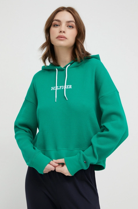 Tommy Hilfiger hanorac lounge din bumbac culoarea verde, cu glugă, imprimeu UW0UW04996