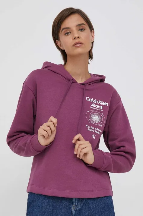 Calvin Klein Jeans bluza femei, culoarea violet, cu glugă, cu imprimeu