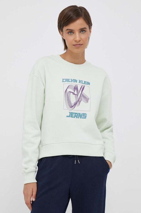 Calvin Klein Jeans bluza femei, culoarea verde, cu imprimeu