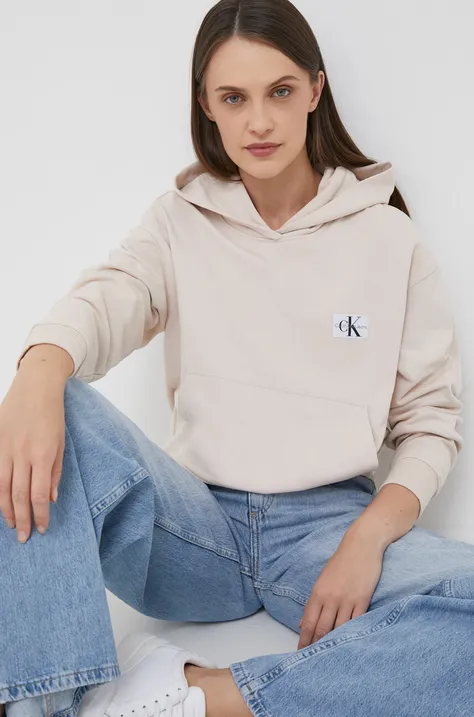Bavlnená mikina Calvin Klein Jeans dámska, béžová farba, s kapucňou, s nášivkou
