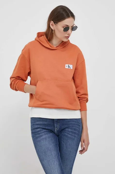 Bavlnená mikina Calvin Klein Jeans dámska, oranžová farba, s kapucňou, s nášivkou