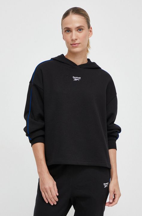 Μπλούζα Reebok χρώμα: μαύρο, με κουκούλα