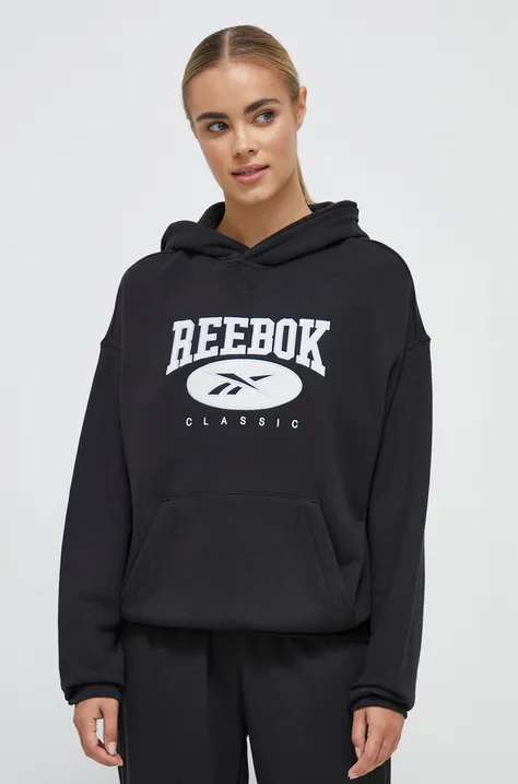 Бавовняна кофта Reebok Classic жіноча колір чорний з капюшоном з аплікацією