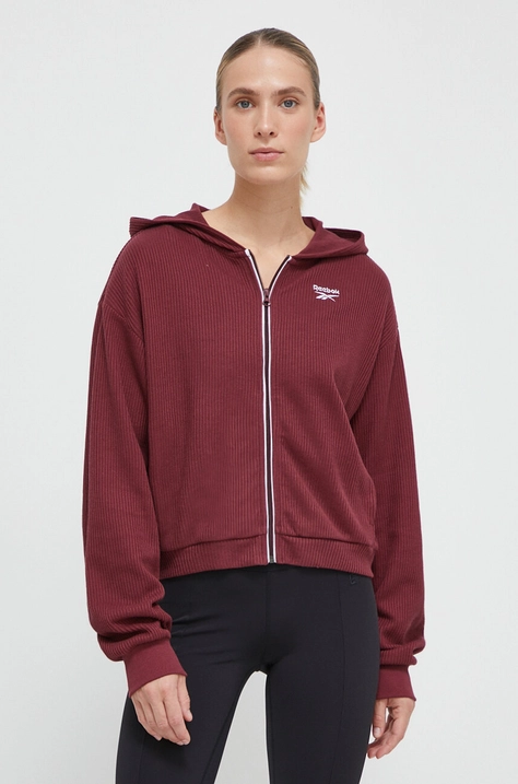 Reebok bluza femei, culoarea bordo, cu glugă, neted