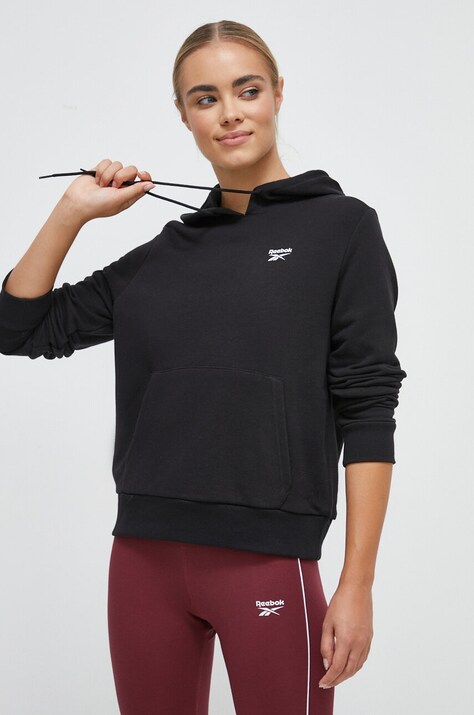 Reebok bluza damska kolor czarny z kapturem gładka