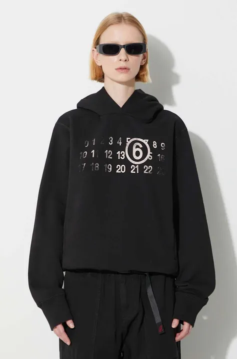 Mikina MM6 Maison Margiela Sweatshirt dámská, černá barva, s kapucí, potiskem, S62GU0123