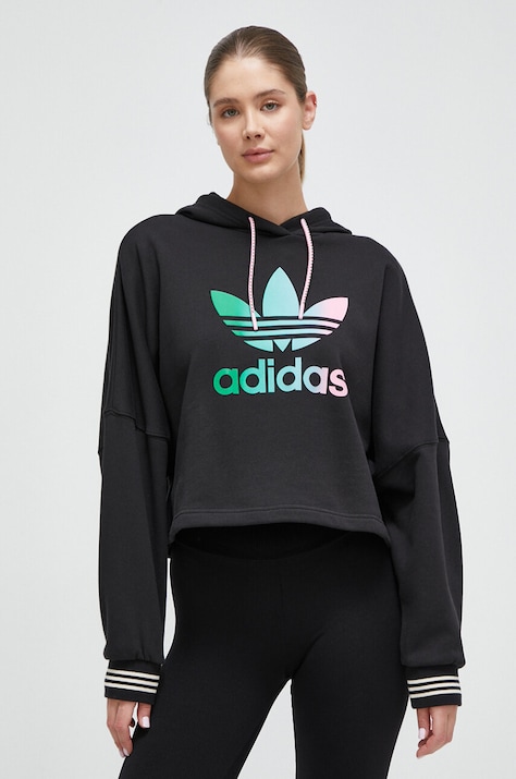 Хлопковая кофта adidas Originals женская цвет чёрный с капюшоном с аппликацией