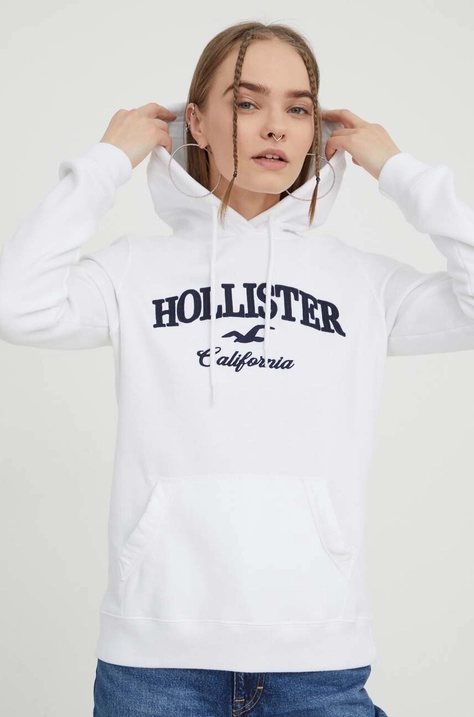 Hollister Co. bluza damska kolor biały z kapturem z aplikacją