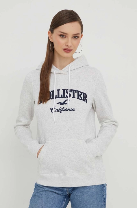 Dukserica Hollister Co. za žene, boja: siva, s kapuljačom, s aplikacijom