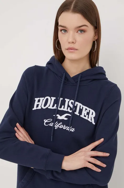 Mikina Hollister Co. dámská, tmavomodrá barva, s kapucí, s aplikací