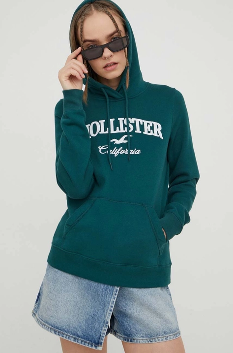 Hollister Co. bluza femei, culoarea verde, cu glugă, cu imprimeu