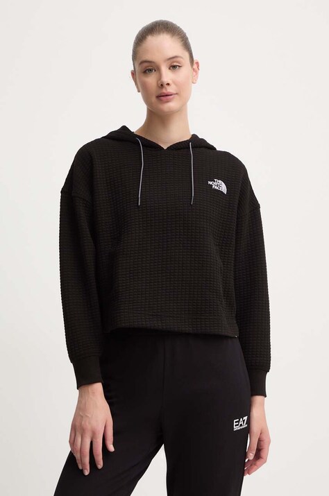 The North Face bluză Mhysa femei, culoarea negru, cu glugă, cu imprimeu, NF0A853WJK31