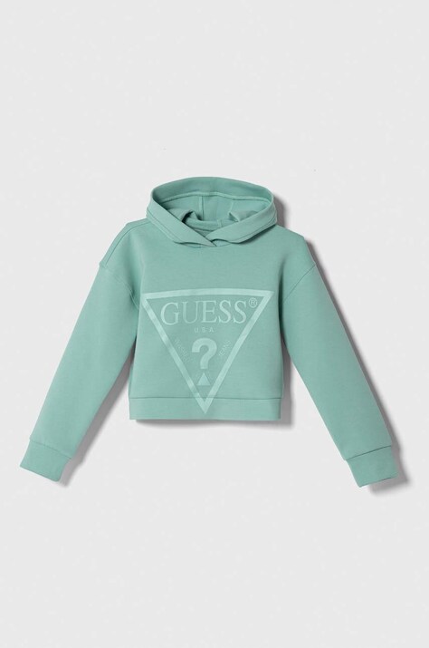 Guess bluza copii culoarea turcoaz, cu glugă, cu imprimeu
