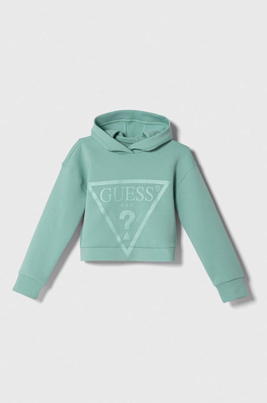 Guess bluza copii culoarea turcoaz, cu glugă, cu imprimeu