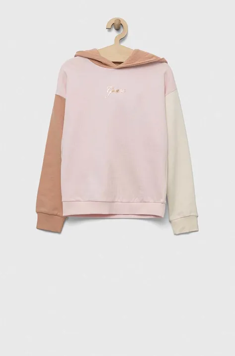 Παιδική βαμβακερή μπλούζα Guess χρώμα: ροζ, με κουκούλα