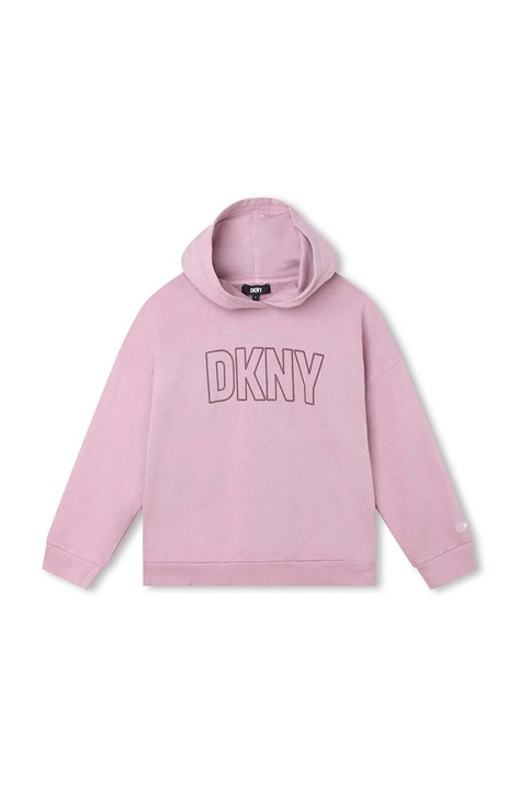 Дитяча бавовняна кофта Dkny колір фіолетовий з капюшоном з принтом