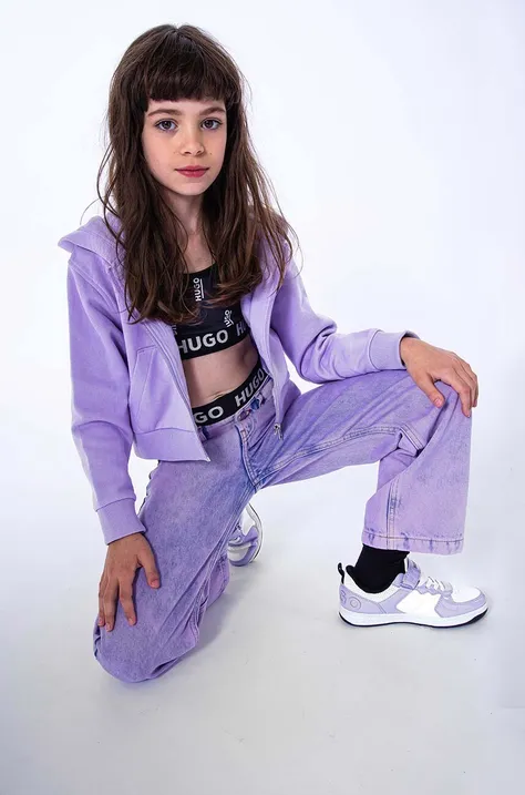 HUGO bluza copii culoarea violet, cu glugă, cu imprimeu