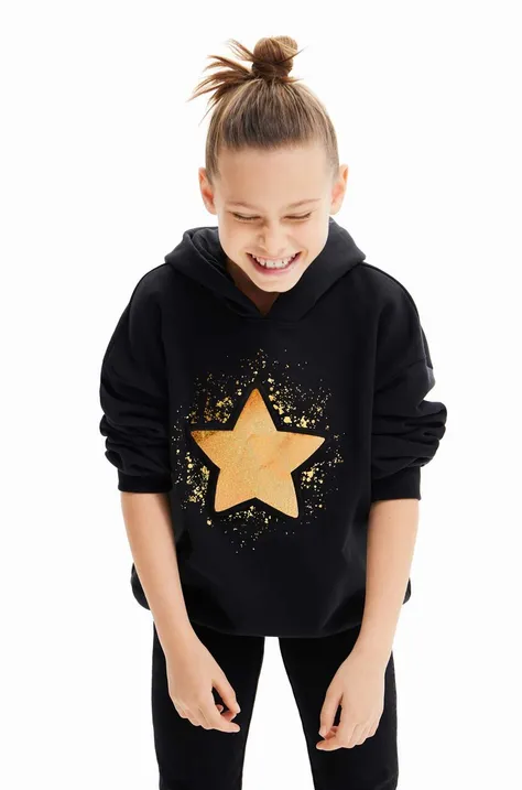 Otroški bombažen pulover Desigual črna barva, s kapuco