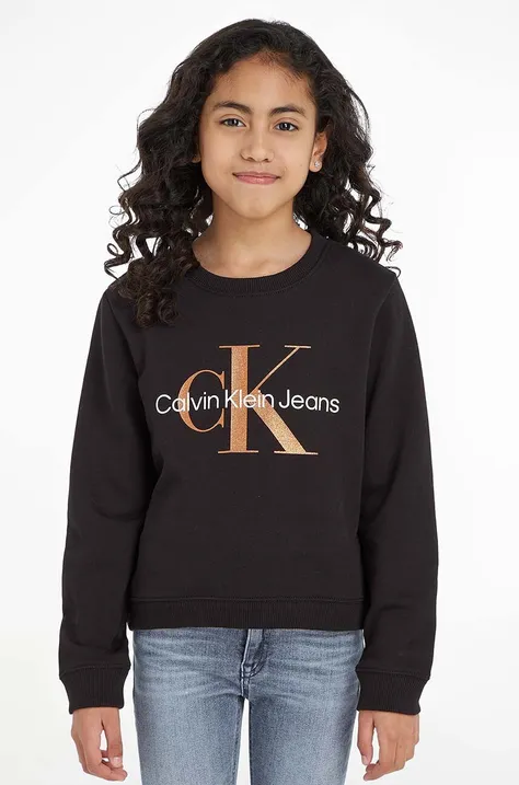 Detská mikina Calvin Klein Jeans čierna farba, s potlačou
