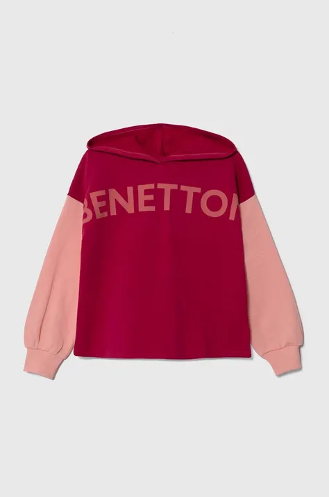 Детски памучен суичър United Colors of Benetton в розово с качулка с принт