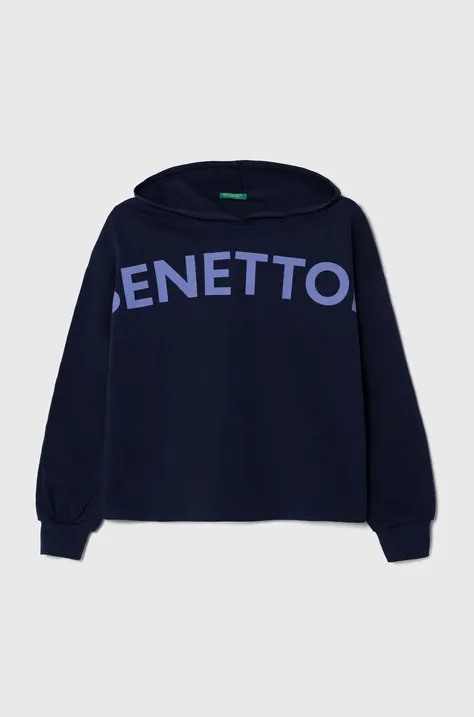 Otroški bombažen pulover United Colors of Benetton mornarsko modra barva, s kapuco