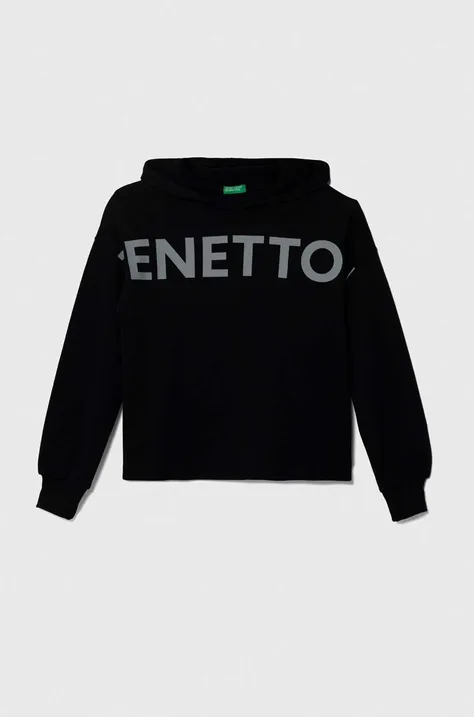 Детская хлопковая кофта United Colors of Benetton цвет чёрный с капюшоном с принтом