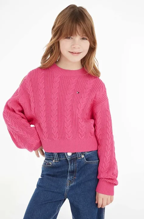 Детски памучен пуловер Tommy Hilfiger в розово от лека материя
