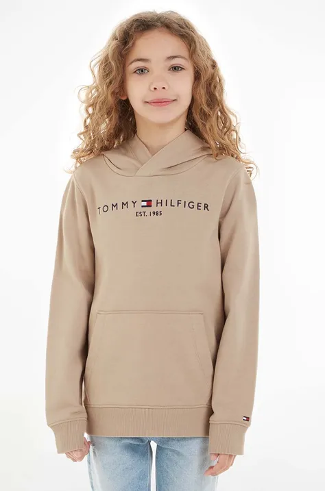 Otroški bombažen pulover Tommy Hilfiger bež barva, s kapuco