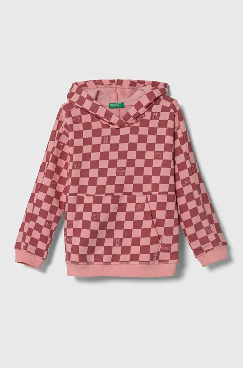 United Colors of Benetton bluza bawełniana dziecięca kolor różowy z kapturem wzorzysta